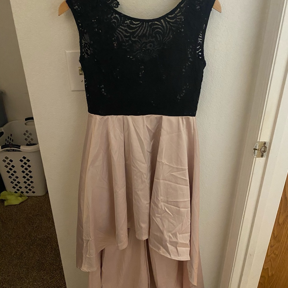 Black sparkle and light pink satin dress